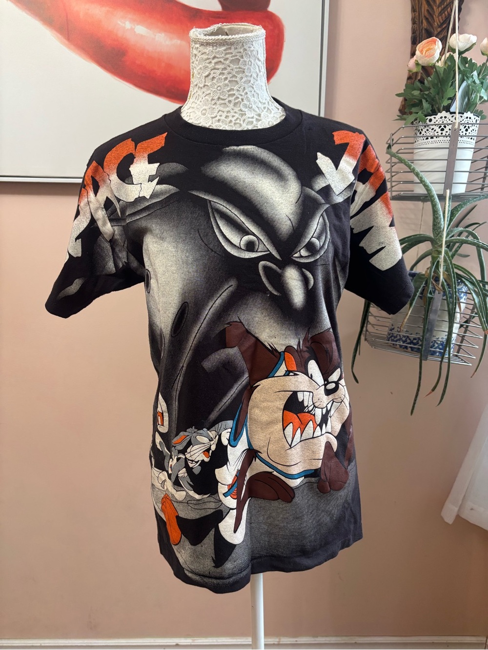 Warner Bros. 1996 Black & Orange Space Jam Graphic Tee with Taz & Bugs - Picture 2 of 16